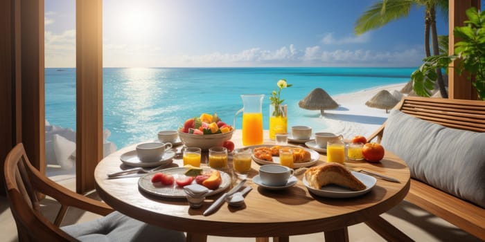 vacation breakfast in luxury hotel with ocean view. Summer love, romance date on vacation concept. AI Generated