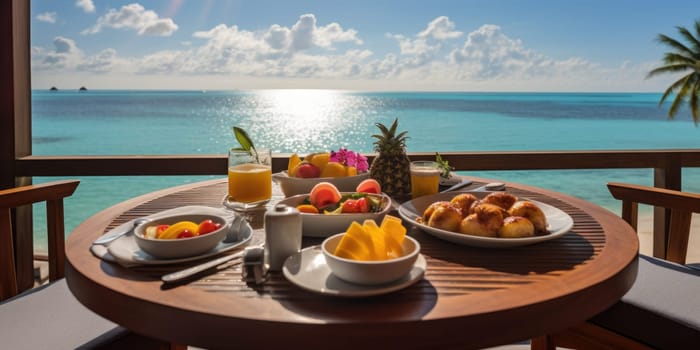 vacation breakfast in luxury hotel with ocean view. Summer love, romance date on vacation concept. AI Generated