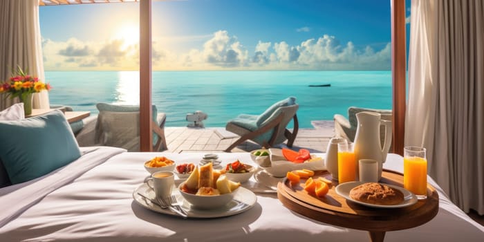 vacation breakfast in luxury hotel with ocean view. Summer love, romance date on vacation concept. AI Generated