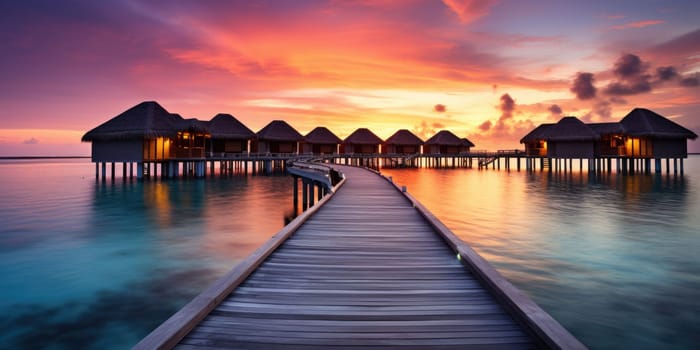 Sunset on Maldives island, luxury water villas resort and wooden pier. Beautiful sky and clouds and beach background for summer vacation holiday and travel concept. AI Generated