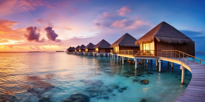 Sunset on Maldives island, luxury water villas resort and wooden pier. Beautiful sky and clouds and beach background for summer vacation holiday and travel concept. AI Generated