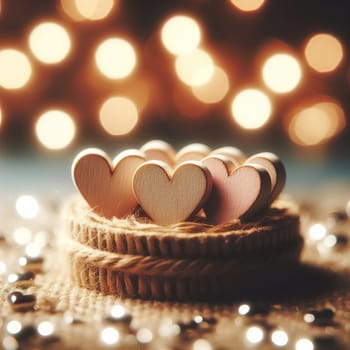 Wooden hearts lined up in a row. bokeh. High quality illustration