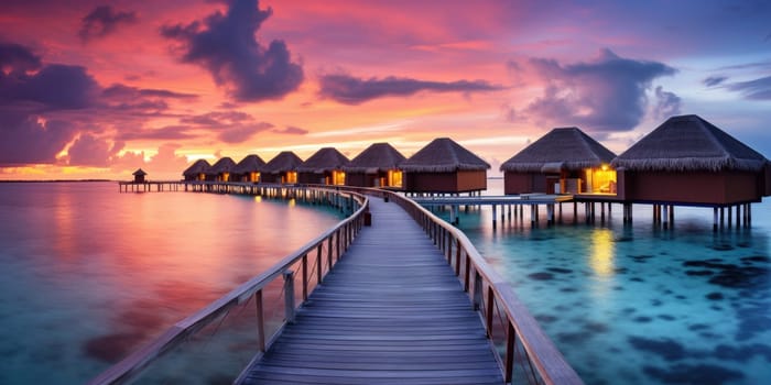 Sunset on Maldives island, luxury water villas resort and wooden pier. Beautiful sky and clouds and beach background for summer vacation holiday and travel concept. AI Generated