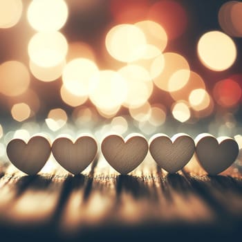Wooden hearts lined up in a row. bokeh. High quality illustration