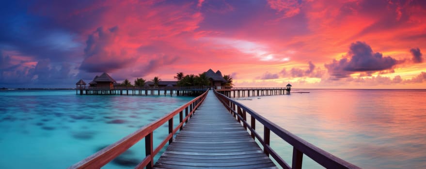 Sunset on Maldives island, luxury water villas resort and wooden pier. Beautiful sky and clouds and beach background for summer vacation holiday and travel concept. AI Generated