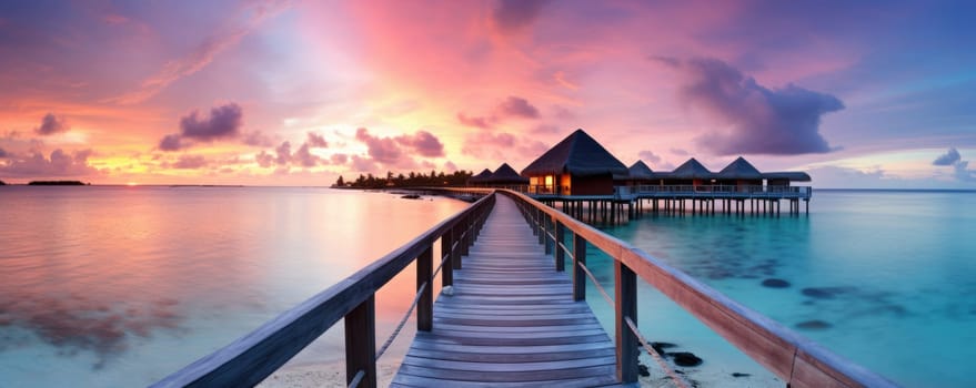 Sunset on Maldives island, luxury water villas resort and wooden pier. Beautiful sky and clouds and beach background for summer vacation holiday and travel concept. AI Generated