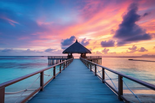 Sunset on Maldives island, luxury water villas resort and wooden pier. Beautiful sky and clouds and beach background for summer vacation holiday and travel concept. AI Generated