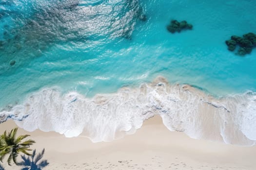 Aerial Drone Image of Shoreline in Maldives. Bright Blue Crystal Clear Water and White Sandy beach. Summer and travel vacation. AI Generated