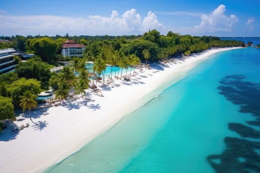 Aerial Drone Image of Shoreline in Maldives. Bright Blue Crystal Clear Water and White Sandy beach. Summer and travel vacation. AI Generated