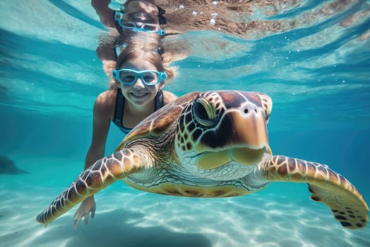 A girl and turtle underwater, snorkeling in Maldives. AI Generated