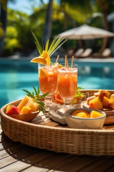 served tray by swimming pool with drinks and snacks on tropical island resort in Maldives, cocktails and canapes for romantic date or honeymoon in luxury hotel, travel concept. AI Generated