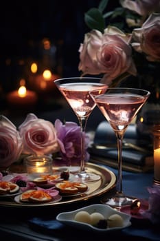Romantic sunset dinner on the beach. Table honeymoon with luxurious food, glasses of champagne drinks in a restaurant with sea view. Summer love, romance date on vacation concept. AI Generated