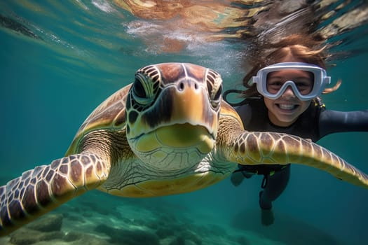 A girl and turtle underwater, snorkeling in Maldives. AI Generated