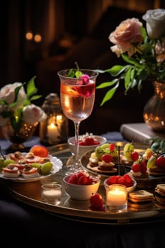 Romantic sunset dinner on the beach. Table honeymoon with luxurious food, glasses of champagne drinks in a restaurant with sea view. Summer love, romance date on vacation concept. AI Generated