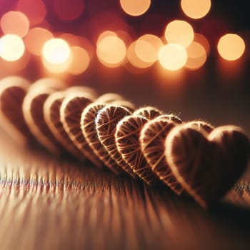 Wooden hearts lined up in a row. bokeh. High quality illustration