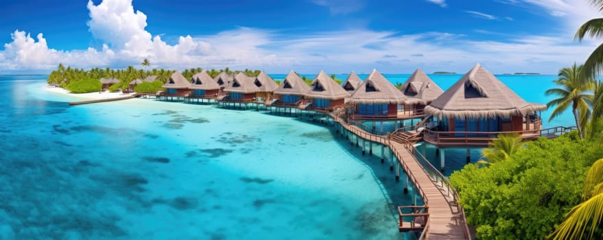 Maldives paradise scenery. Tropical aerial landscape, seascape with water villas with amazing sea and lagoon beach, tropical nature. AI Generated