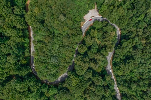 Aerial view of a red car driving along a serpentine road through a green forest