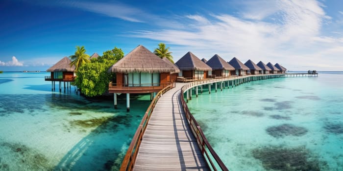 Maldives paradise scenery. Tropical aerial landscape, seascape with water villas with amazing sea and lagoon beach, tropical nature. AI Generated