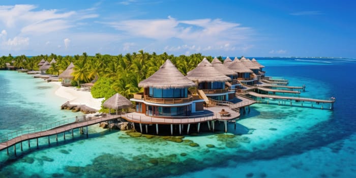 Maldives paradise scenery. Tropical aerial landscape, seascape with water villas with amazing sea and lagoon beach, tropical nature. AI Generated