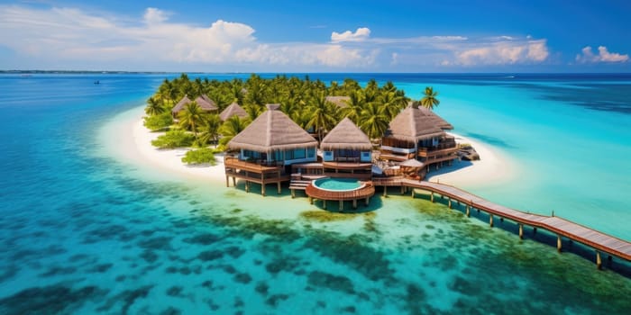 Maldives paradise scenery. Tropical aerial landscape, seascape with water villas with amazing sea and lagoon beach, tropical nature. AI Generated