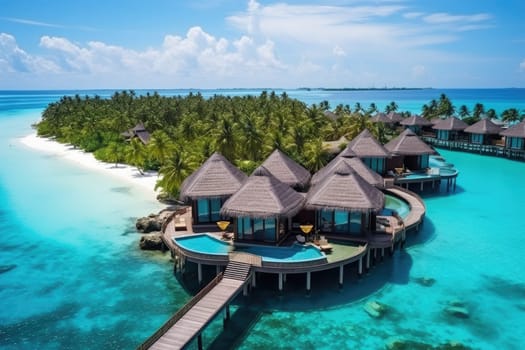 Maldives paradise scenery. Tropical aerial landscape, seascape with water villas with amazing sea and lagoon beach, tropical nature. AI Generated