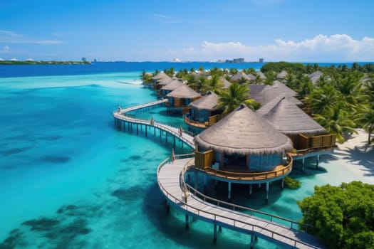 Maldives paradise scenery. Tropical aerial landscape, seascape with water villas with amazing sea and lagoon beach, tropical nature. AI Generated