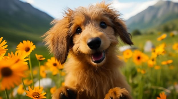 Closeup Adorable Golden Retriever Puppy in Meadow with Yellow Flowers and Mountain on Background. Wallpaper or Poster. Brown Fur Cute Pet, Friend AI Generated. High quality photo