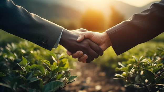 Close up of Handshake of two men in business suits against the background of green tea plantations.