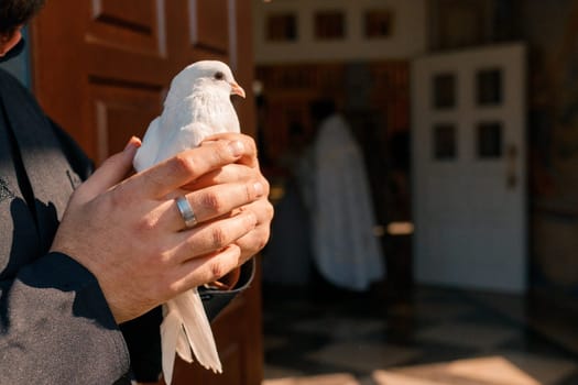 White dove in hands ready to be released into the sky after a wedding ceremony in an Orthodox Christian church
