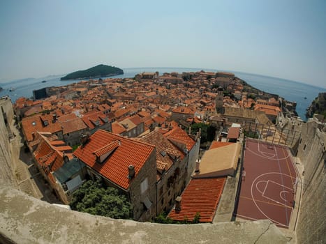 A Basketball field aerial top to down view in Dubrovnik Croatia medieval town