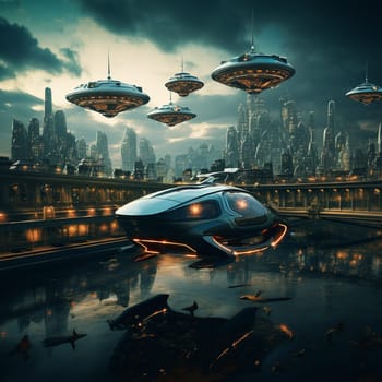 Flying saucers over futuristic megapolis. Sunrise. 3D rendering. High quality photo