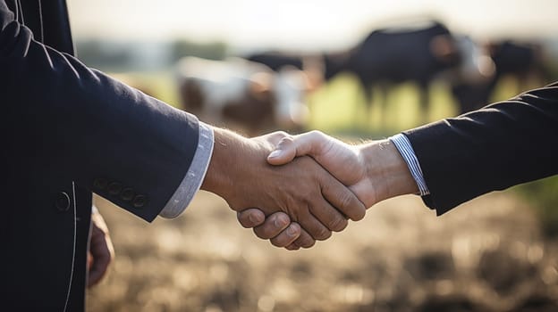 Handshake of two men in suit against the background of a field with grazing cows.