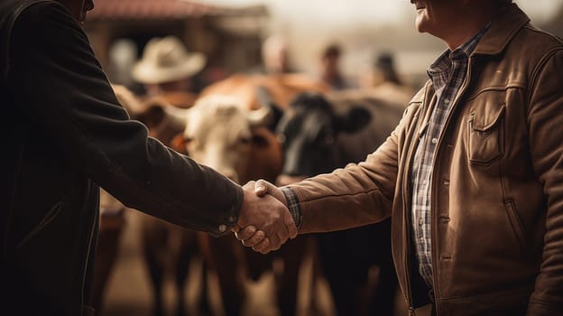 Close up of Handshake of two senior farmers against the background with grazing brown cows, at sunset.