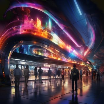 Cyberpunk subway With neon backlight contours. Retro wave style. Futuristic high-speed express passenger train. Logistics of the future, modern technologies. Concept art, Digital painting. High quality photo