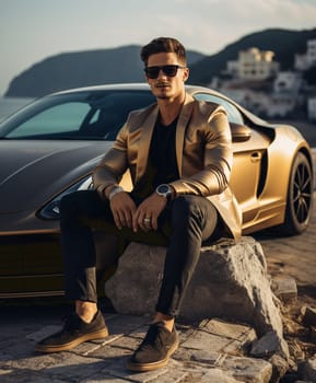 Handsome young model posing with car. Stylish attractive guy in sunglasses. High quality photo