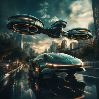 Futuristic car technology concept with wireframe intersection 3D illustration. High quality photo