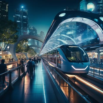 High speed train in motion on the railway station at sunset. Fast moving modern passenger train on railway platform. Railroad with motion blur effect. Commercial transportation. Blurred background . High quality photo