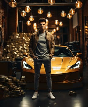 Handsome young man in casual clothes standing near his modern sport car on the street. High quality photo
