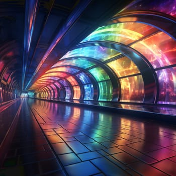 Cyberpunk subway With neon backlight contours. Retro wave style. Futuristic high-speed express passenger train. Logistics of the future, modern technologies. Concept art, Digital painting. High quality photo