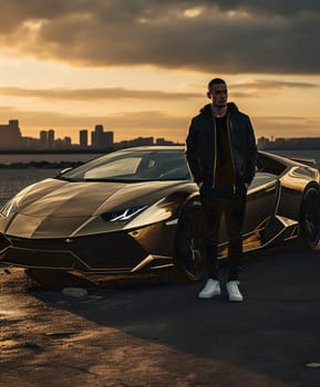 Handsome young man in casual clothes standing near his modern sport car on the street. High quality photo