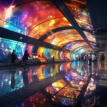 Cyberpunk subway With neon backlight contours. Retro wave style. Futuristic high-speed express passenger train. Logistics of the future, modern technologies. Concept art, Digital painting. High quality photo