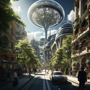 Flying saucers over futuristic megapolis. Sunrise. 3D rendering. High quality photo
