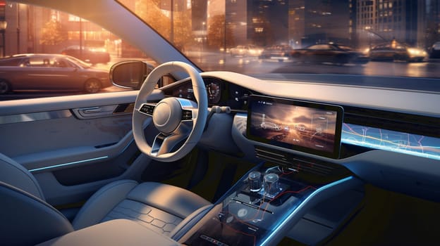 Car interior with Self driving , Auto pilot and internet of thin futuristic icon illustration . Autonomous car system technology concept . High quality photo