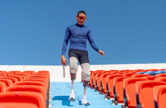 Sport man athlete prosthesis legs walk down on stairs of amphitheater in the stadium with day light.