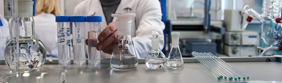 The doctor takes a test tube with liquid, close-up. Work in a chemical laboratory. Laboratory analysis