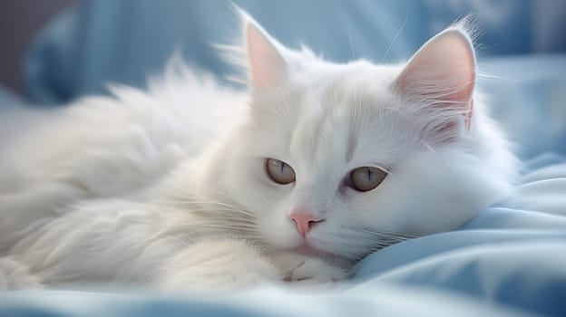 A charming white fluffy cat lies on the light-blue, bed at home, at morning, in daylight,