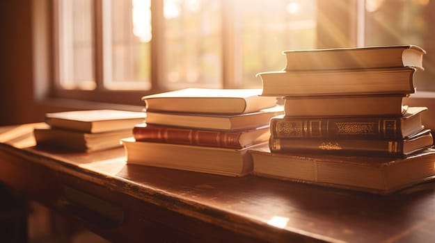 Chaotic stacks of old books in a library on a sunny day. High quality photo