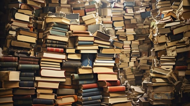 Chaotic stacks of old books in a library on a sunny day. High quality photo