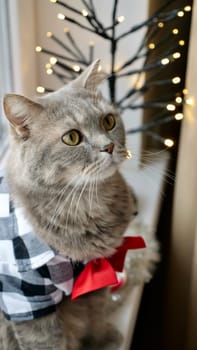 Scottish straight eared cat surprised with red tie bow on New Year's holiday, celebrating Christmas. Pet sitting on the windowsill at home