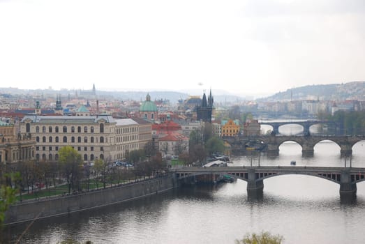 Aerial view of bridges over the Vlatva River in Prague, Czech Republic